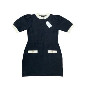 English Factory Black Knit Puff Sleeve Dress Cream Trim Pockets Size M